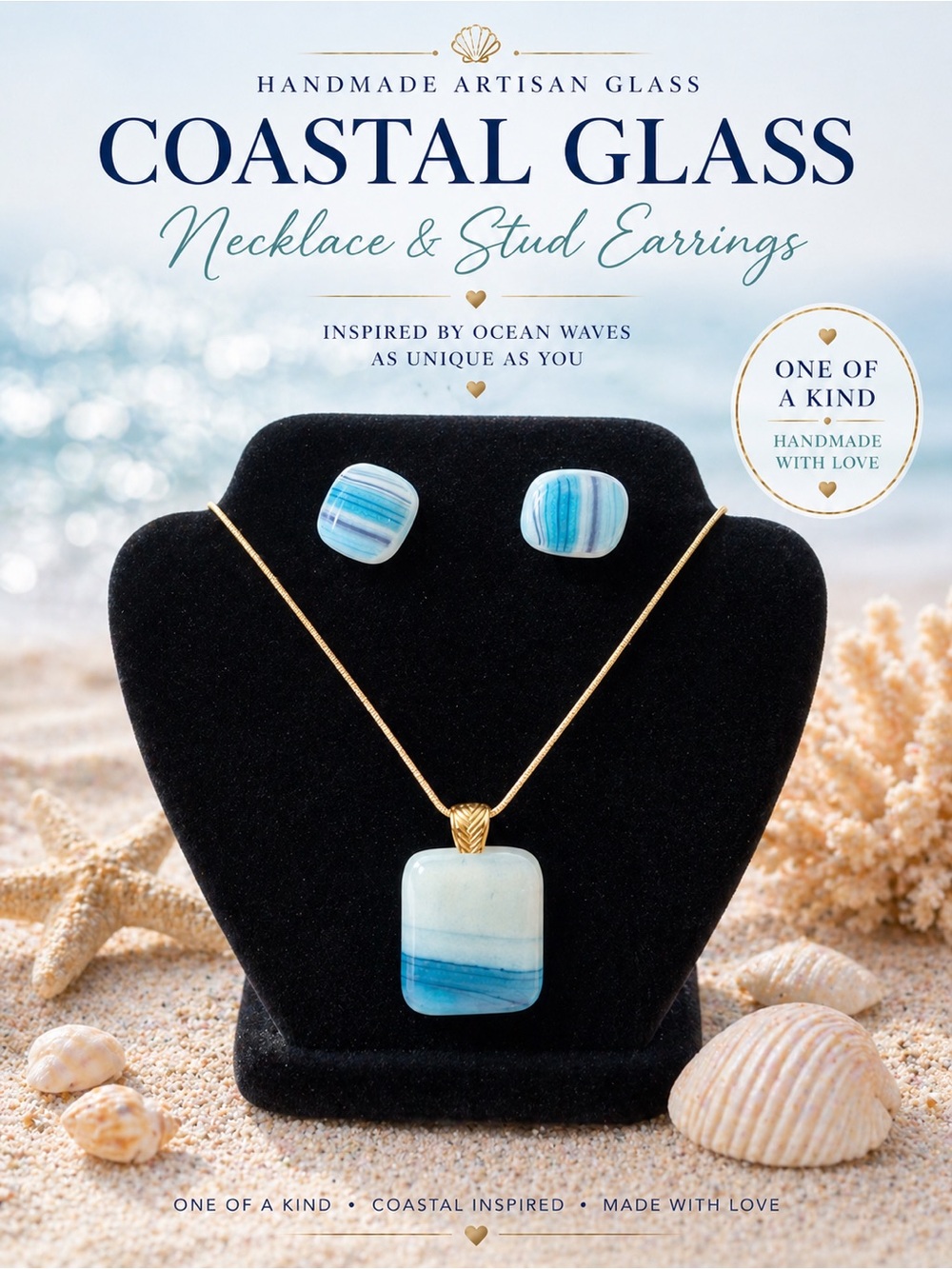 Handcrafted Fused Glass  Necklace & Earrings Set  in Sea Blue. New‎ In Gift Box.